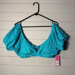 Ninety-Nine Teal Polka‎ Dot Puff Sleeve Bikini Swim Top XL New! Boho Trendy